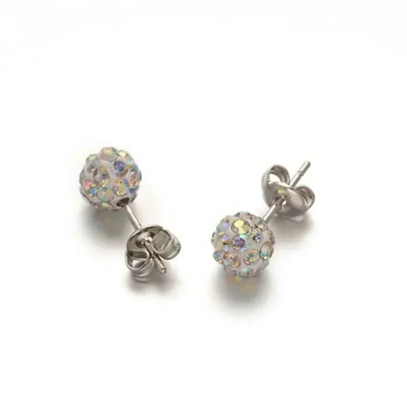 Austrian Crystal Ball Surgical Steel 6mm Disco Stud Clay Earrings Crystal AB - Picture 1 of 1